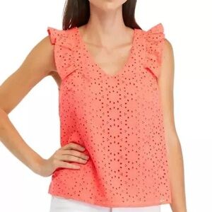 NWT $128 Lilly Pulitzer Lina Eyelet Top Spicy Coral Pink Neon Sunburst Sz M